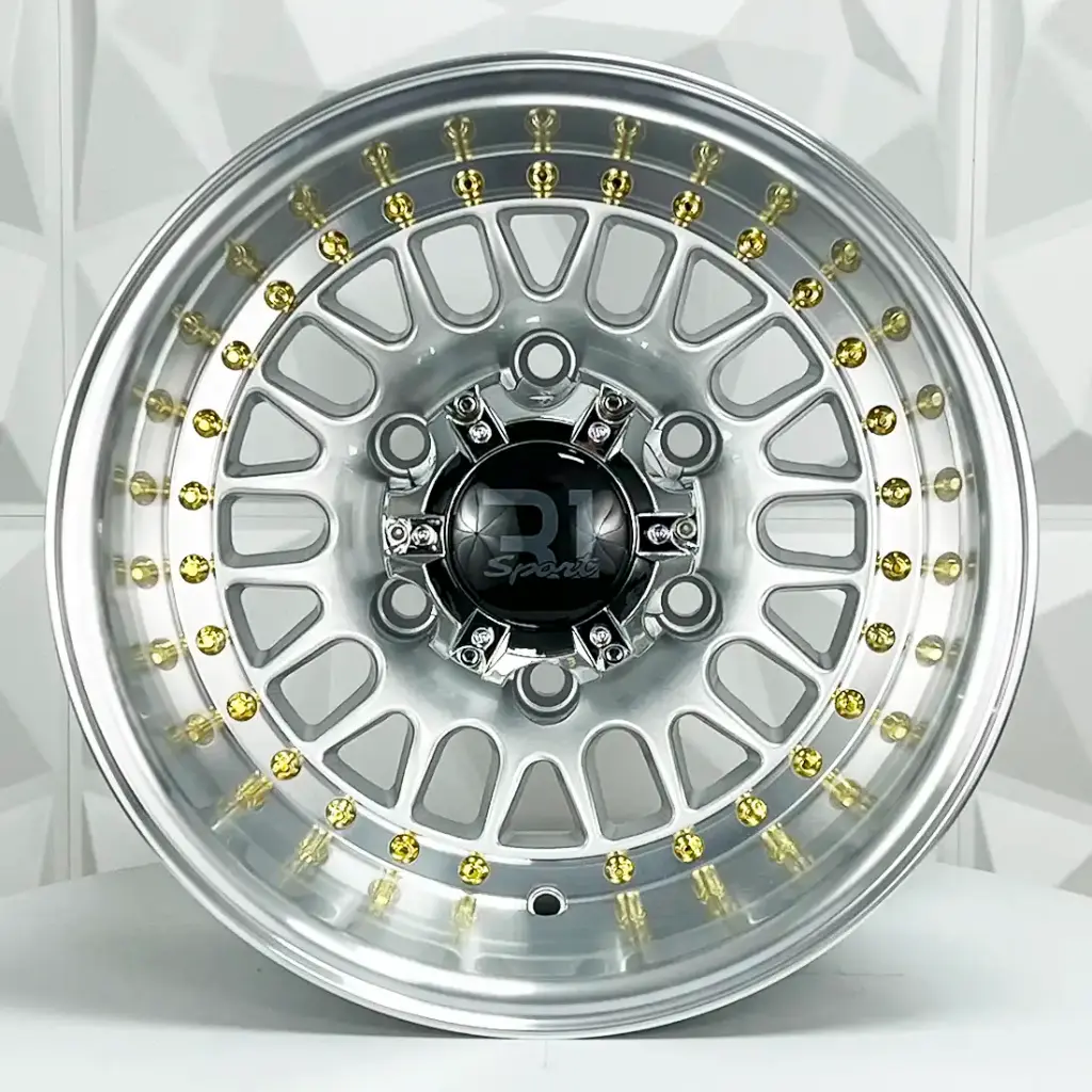 RIN 14X8 6-139.7 R1 SPORT LG20 SILVER MACHINE LIP GOLD RIVETS ET-27 CB110
